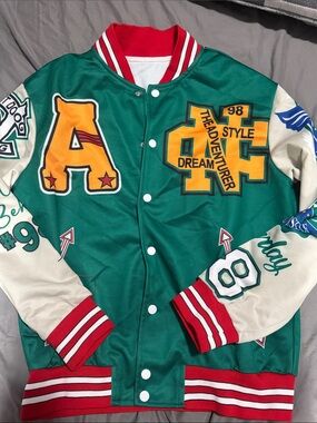 SHEIN Green Varsity Embroidered Patch Jacket with Red Trim